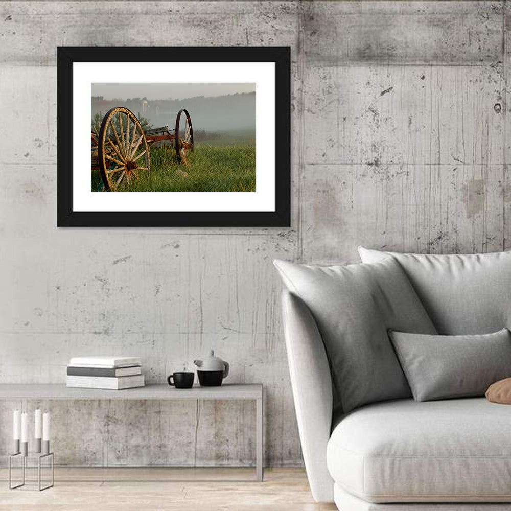 Weathered Wagon in Morning Mist Wall Art in a room, landscape
