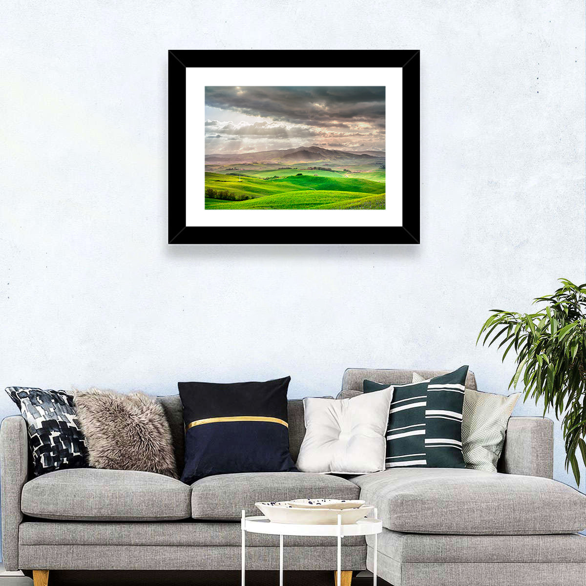 Tuscan Sunlit Hills Wall Art in a room, landscape