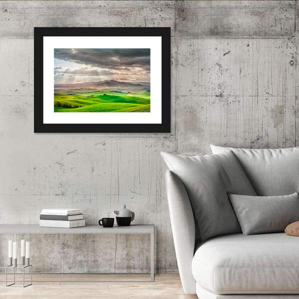 Tuscan Sunlit Hills Wall Art in a room, landscape