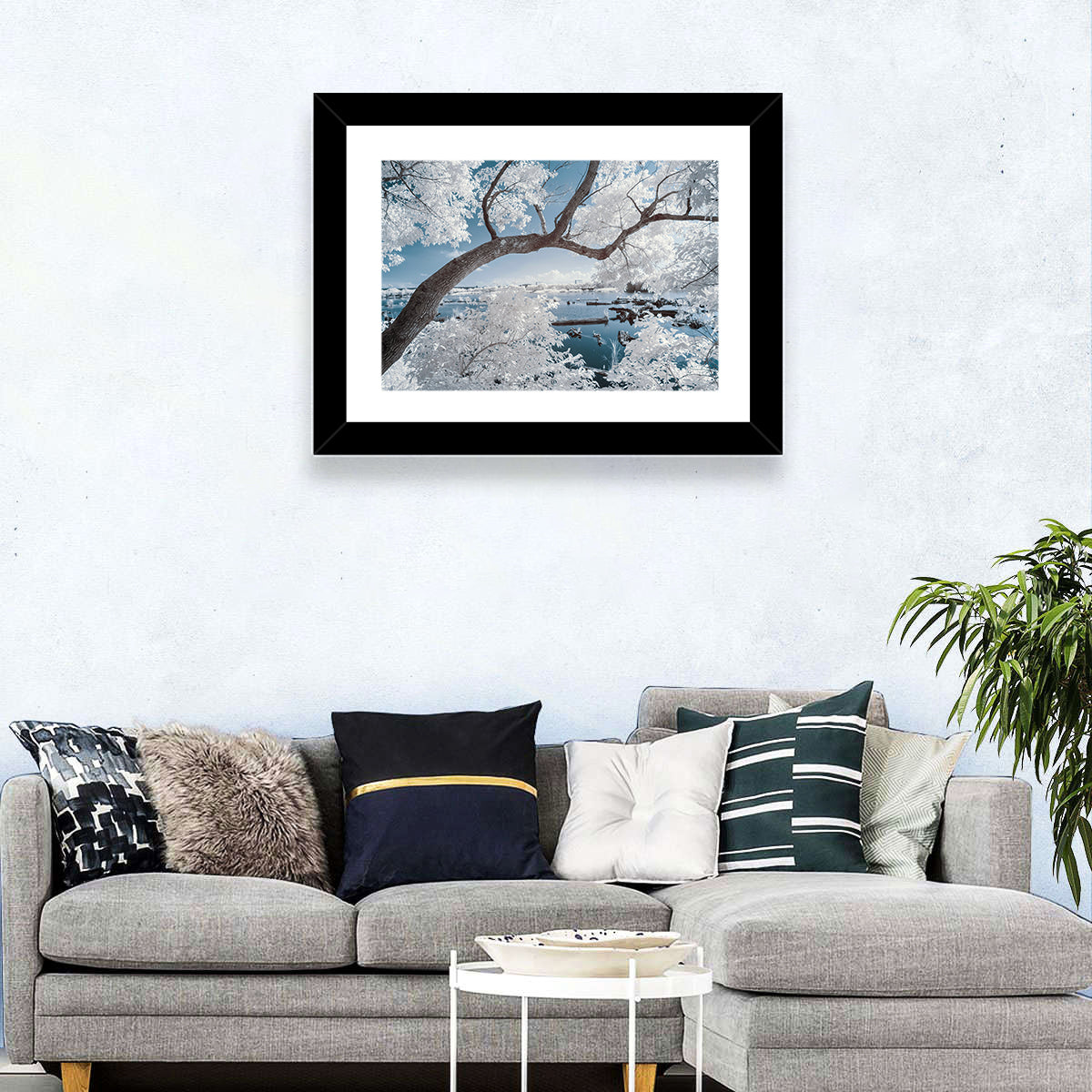 Curving Winter Tree Over Lake Wall Art in a room, landscape