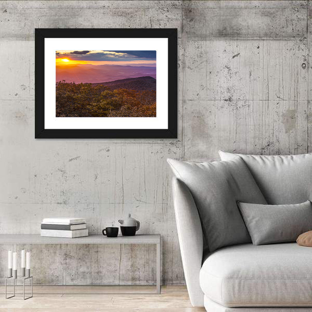 Blue Ridge Sunset Over Autumn Ridges Wall Art in a room, landscape