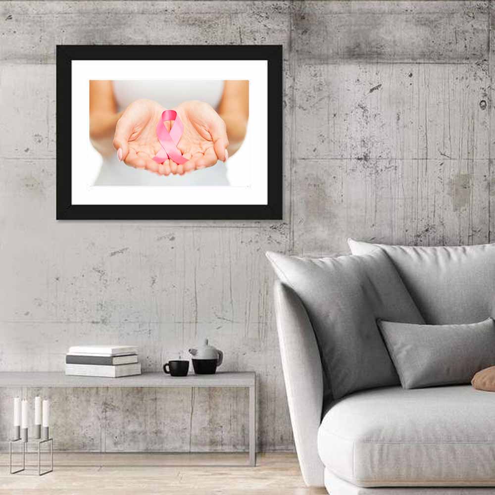 Cupped Hands Holding Pink Ribbon Wall Art in a room, landscape