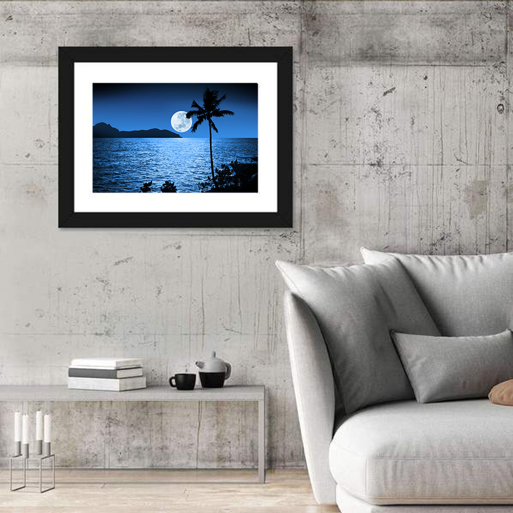 Moonlit Tropical Shore Silhouette Wall Art in a room, landscape