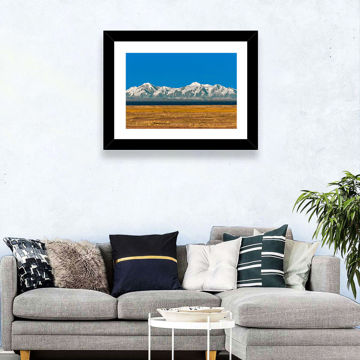 Snow-capped Peaks Over Lake Titicaca Wall Art in a room, landscape