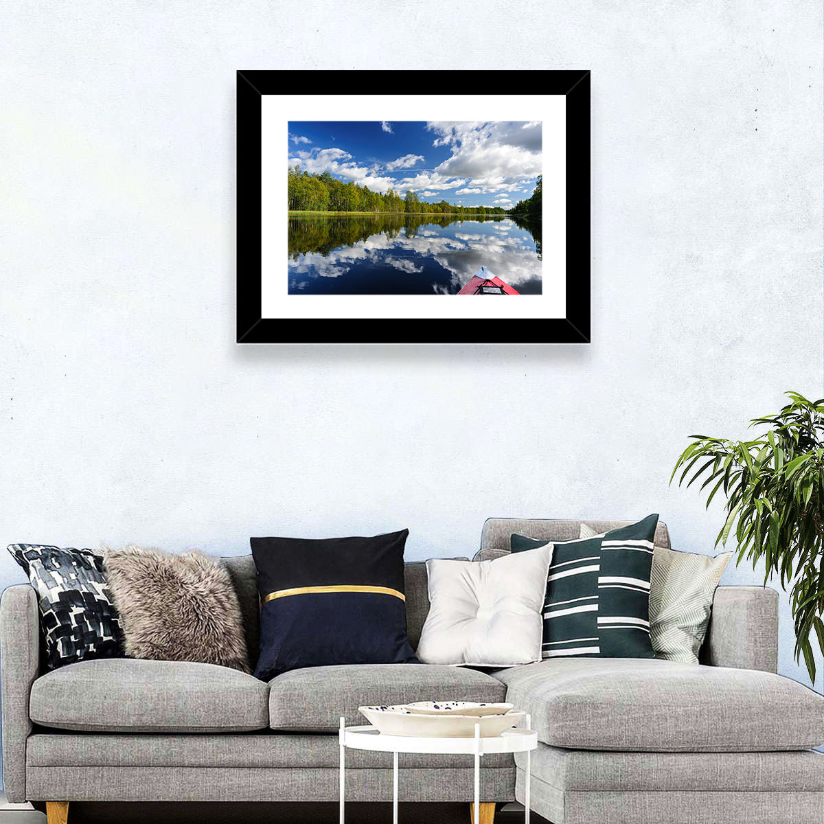 Karelia Kayak Reflection Wall Art in a room, landscape