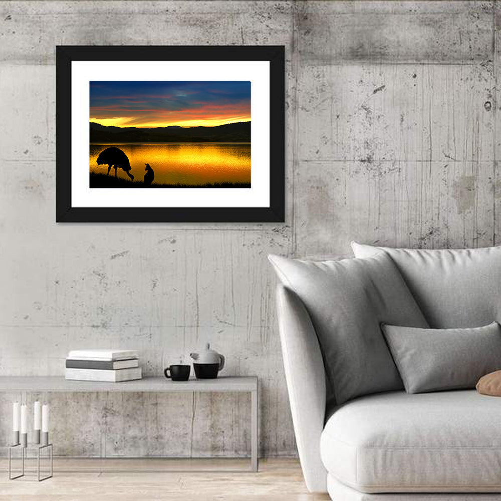 Kangaroo and Emu at Lake Sunset Wall Art