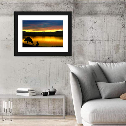 Kangaroo and Emu at Lake Sunset Wall Art