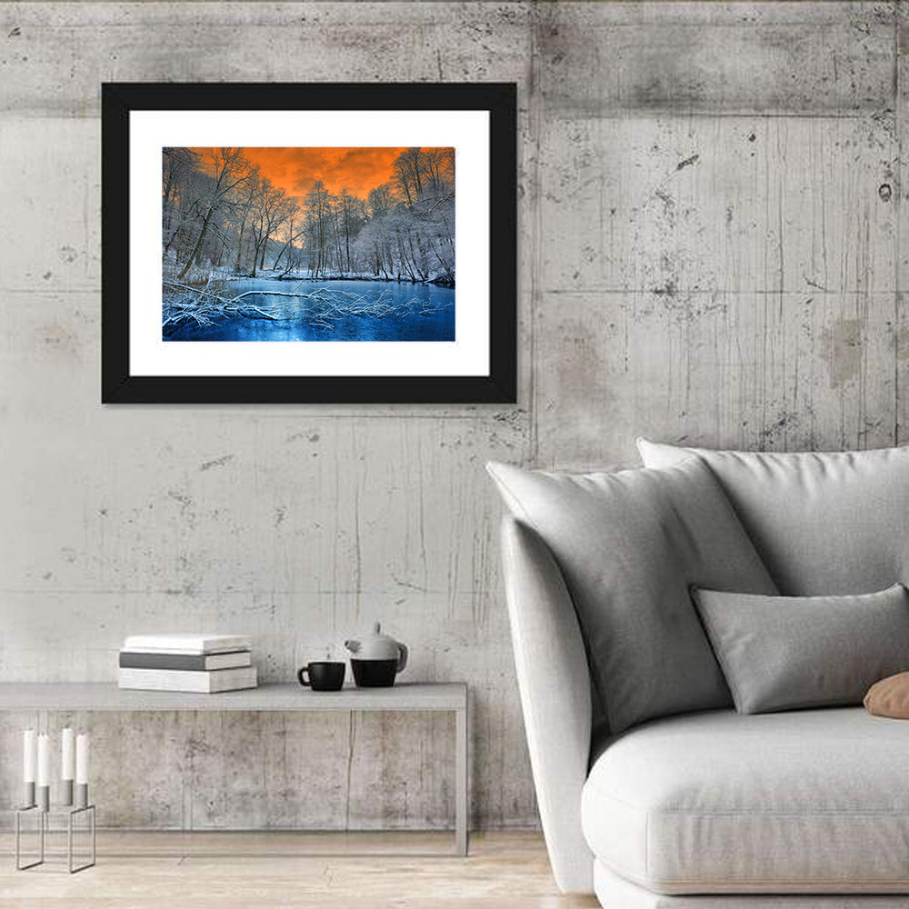 Sunset Over Winter Forest Lake Wall Art