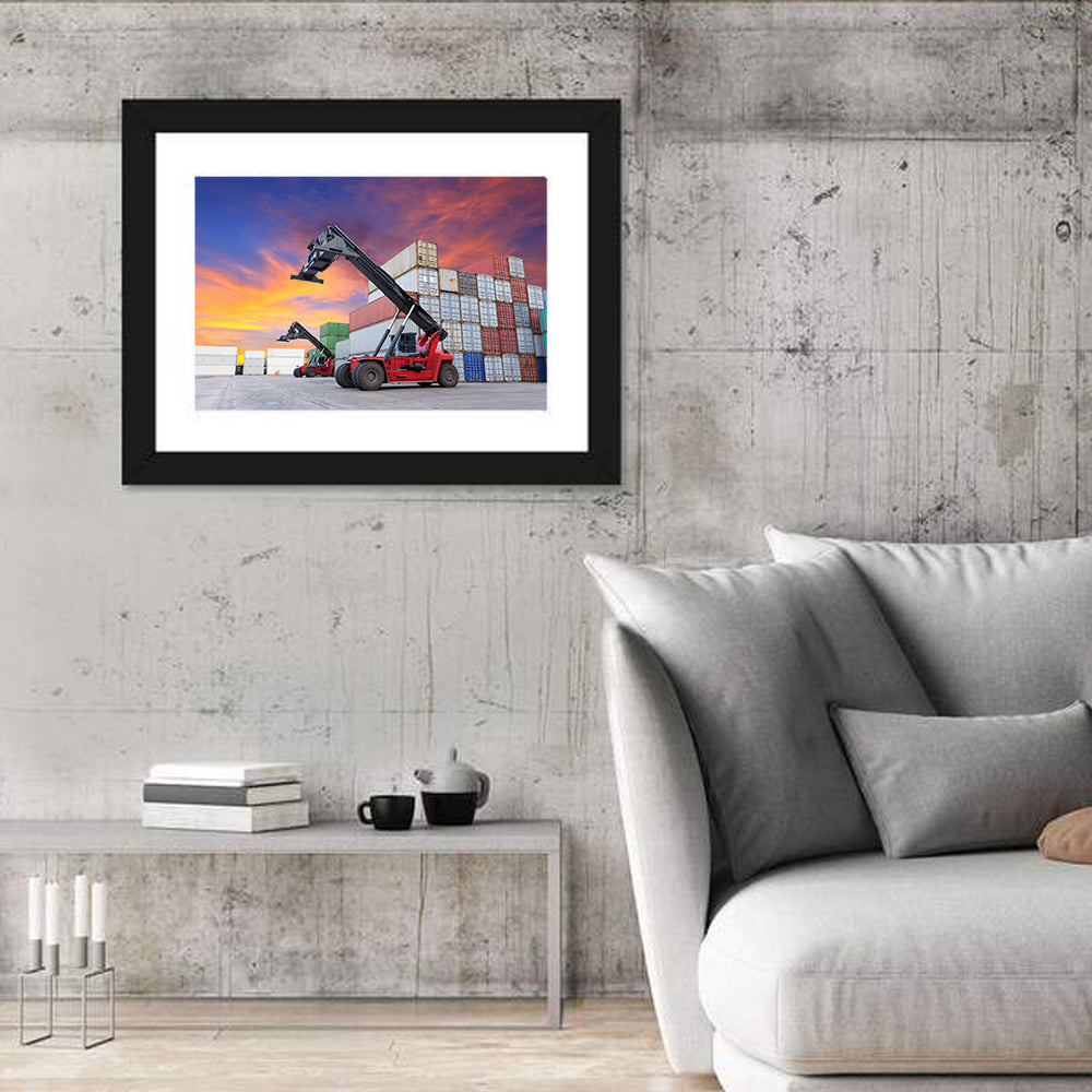 Red Reach Stackers at Sunset Wall Art in a room, landscape