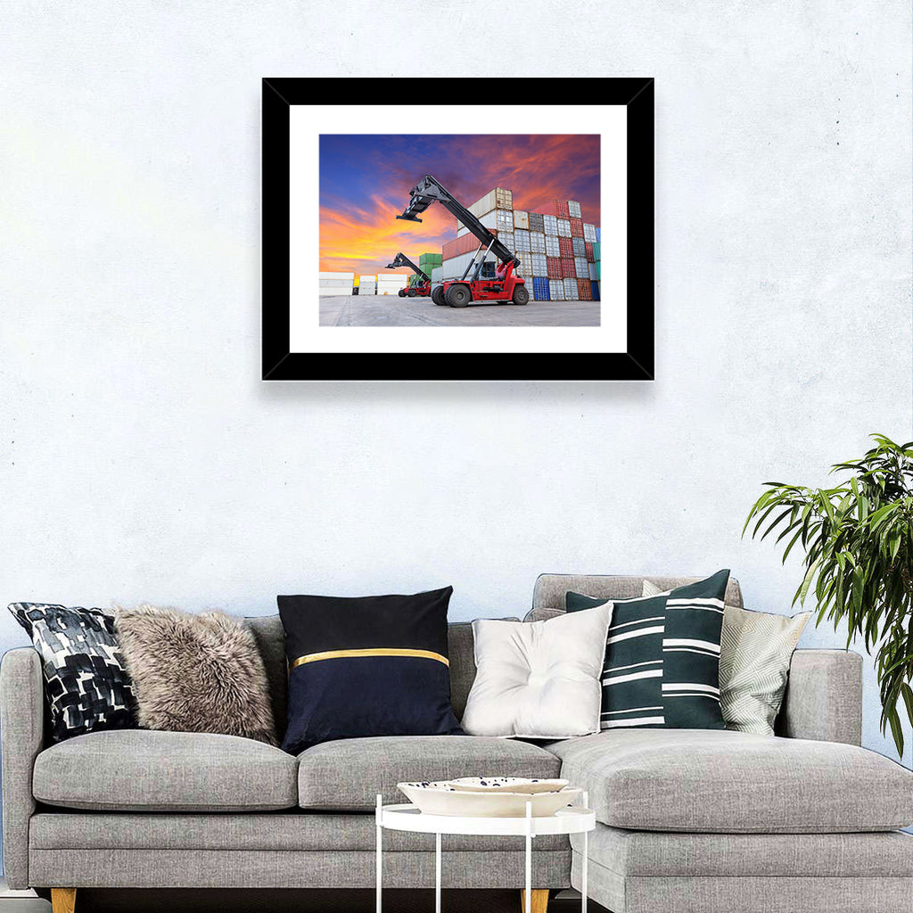 Red Reach Stackers at Sunset Wall Art