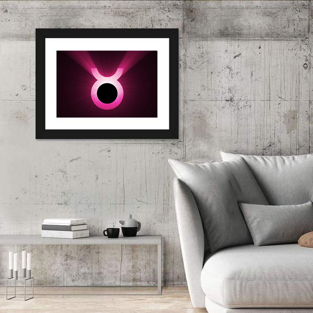 Glowing Pink Taurus Symbol Wall Art in a room, landscape