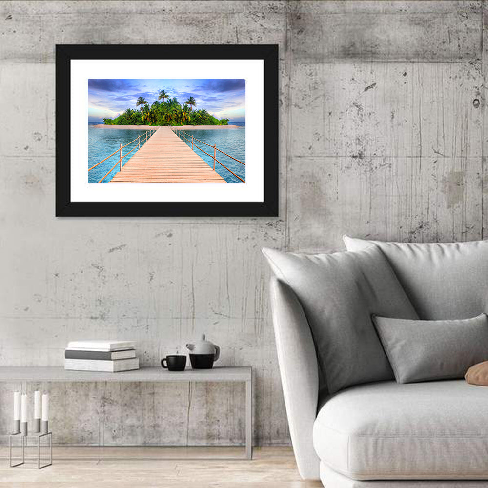 Tropical Island Pier Perspective Wall Art in a room, landscape