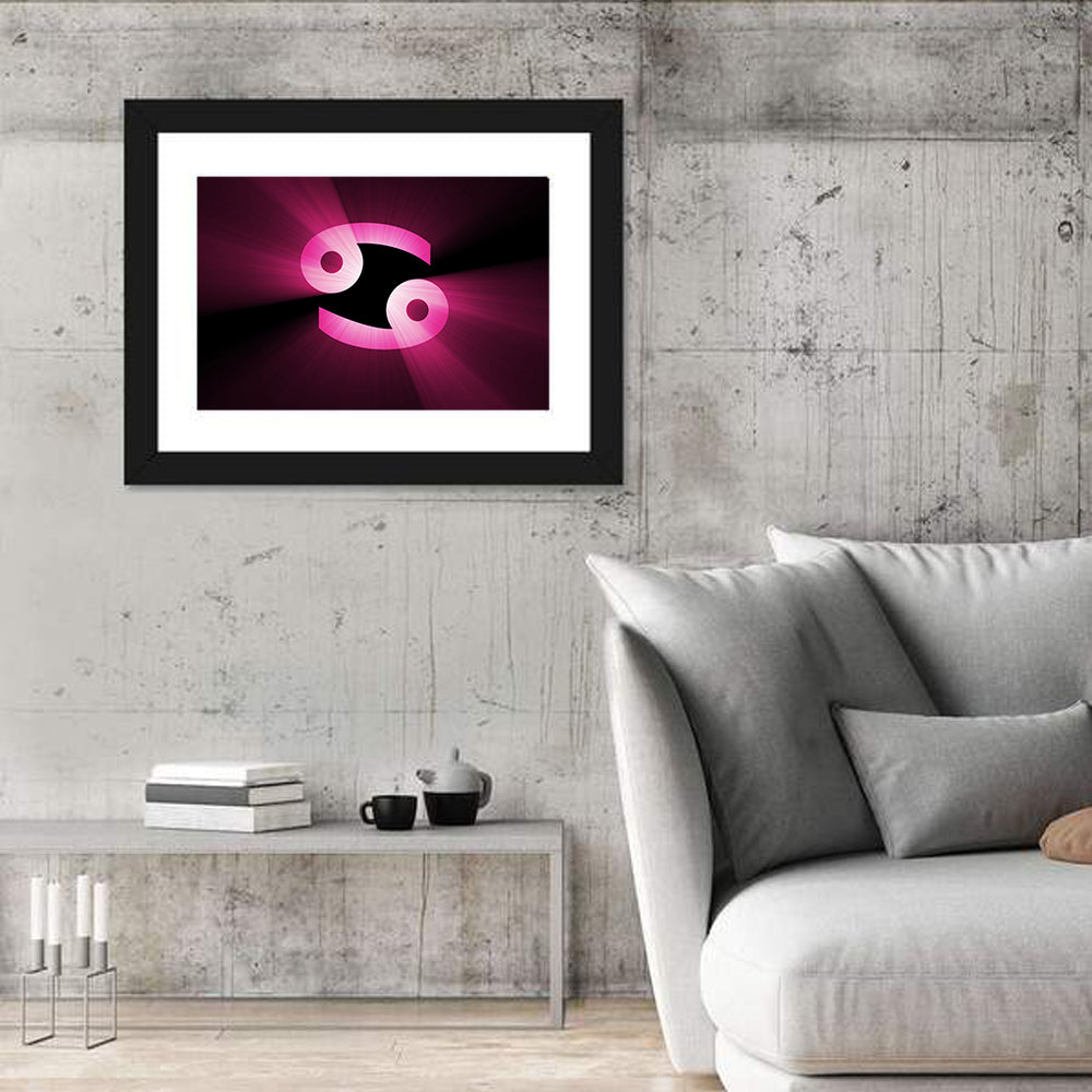 Glowing Pink Cancer Symbol Wall Art in a room, landscape