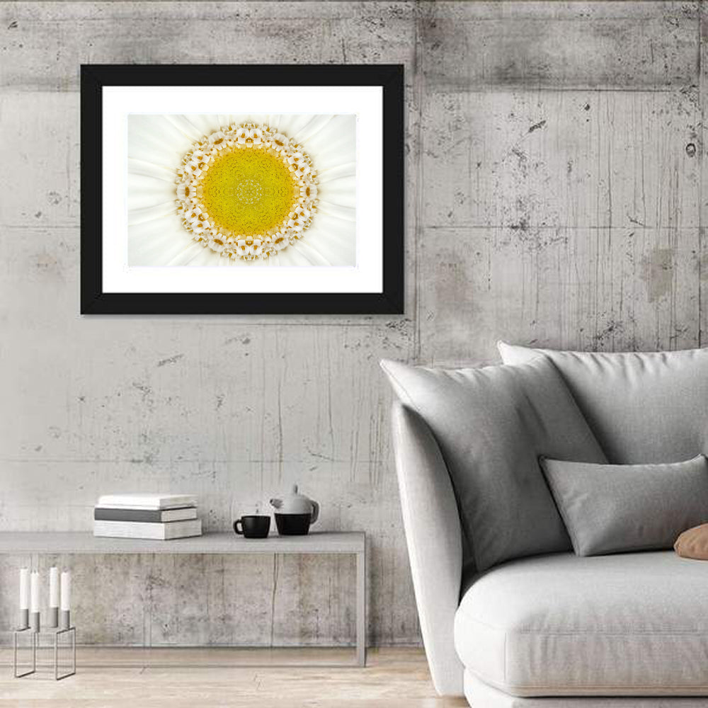 White Flower Mandala Kaleidoscope Wall Art in a room, landscape