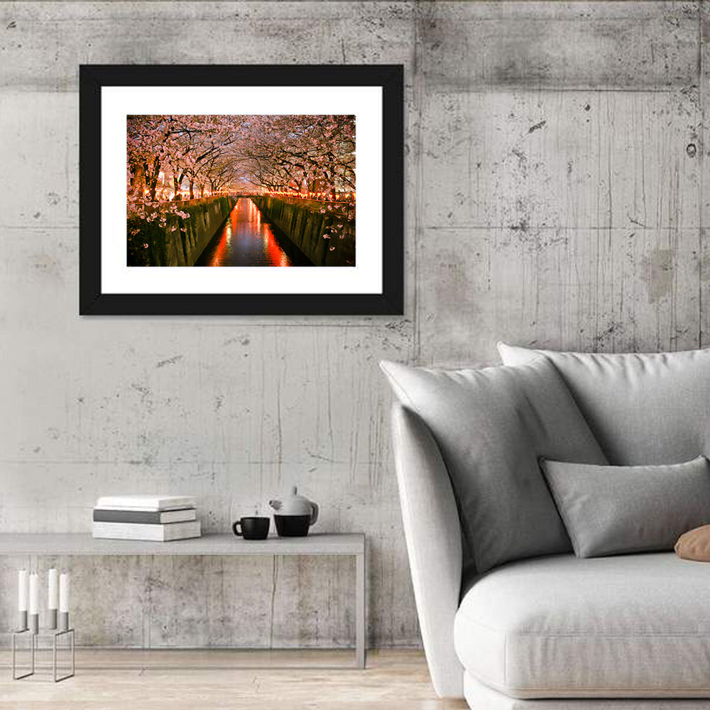 Meguro River Cherry Blossoms Wall Art in a room, landscape