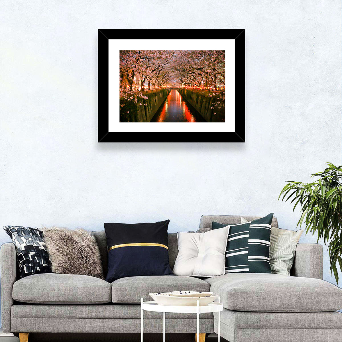 Meguro River Cherry Blossoms Wall Art in a room, landscape