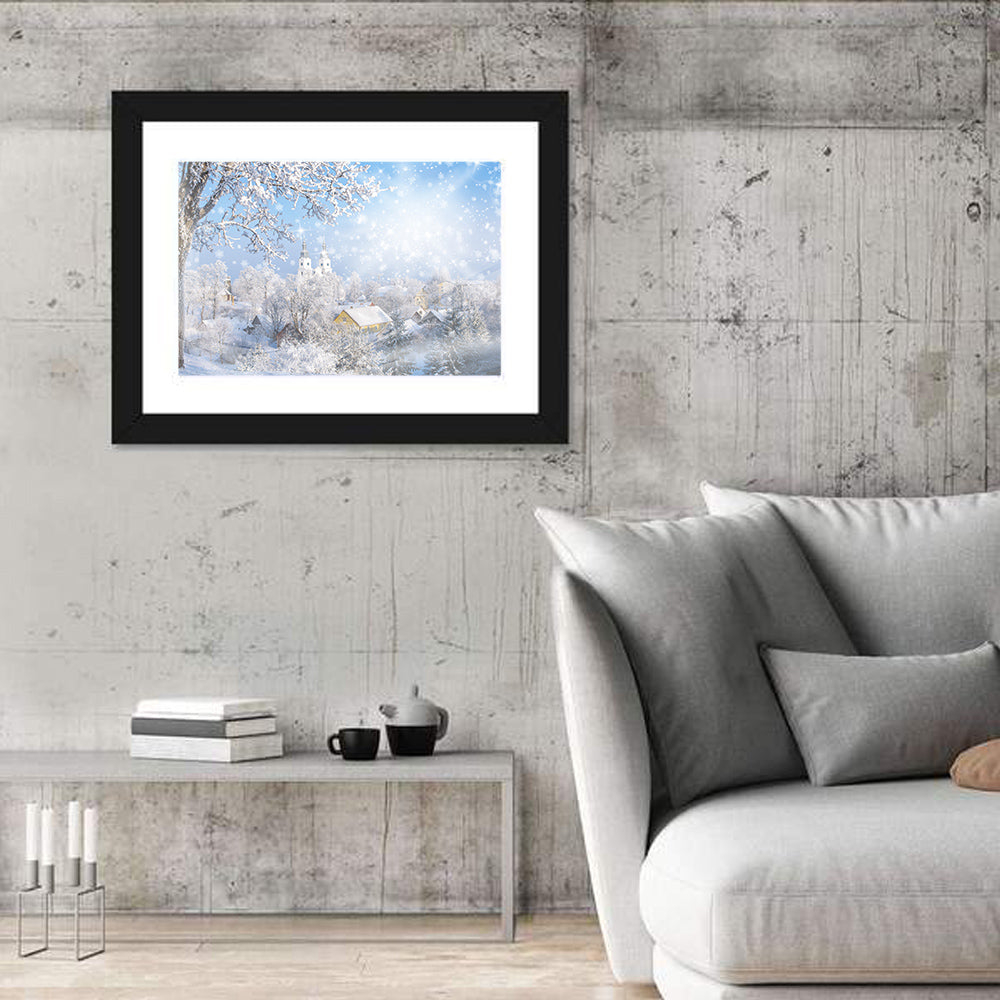 Frosted Village Wall Art in a room, landscape