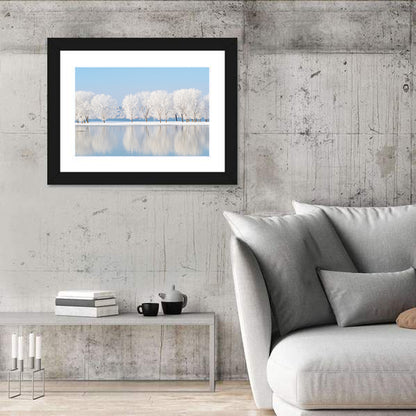 Frosted Winter Trees Reflected on a Quiet Lake Wall Art