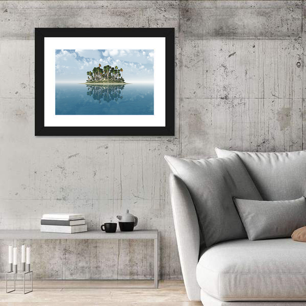 Tropical Island Mirror Reflection Wall Art in a room, landscape