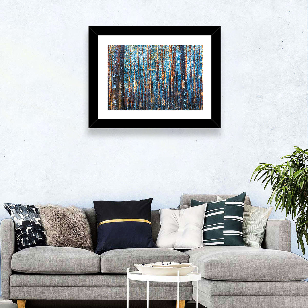 Golden Hour Winter Pine Forest Wall Art in a room, landscape