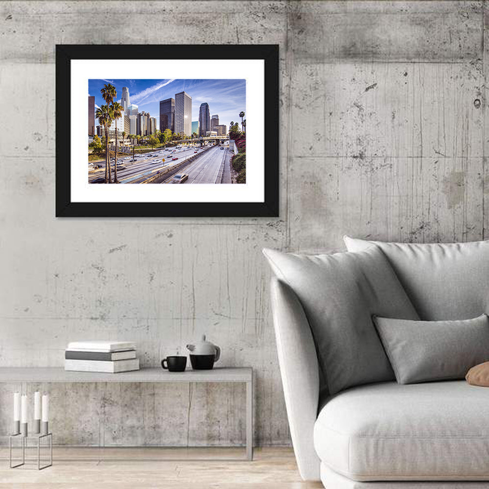 Los Angeles Freeway to Downtown Skyline Wall Art in a room, landscape