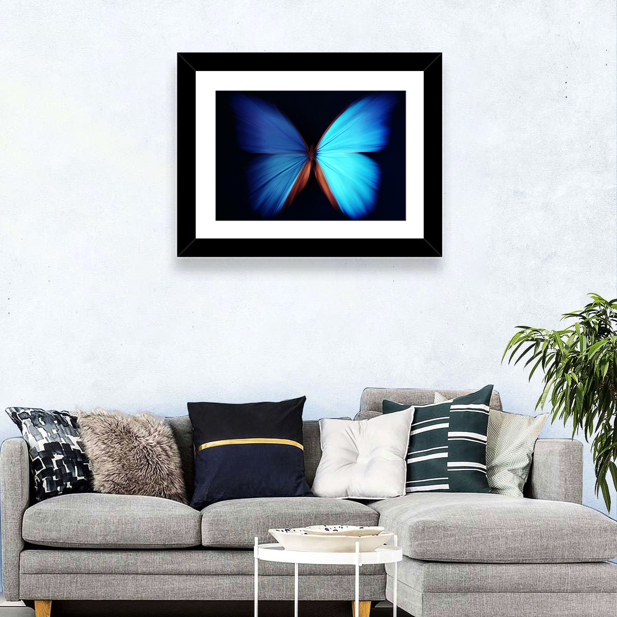 Blue Butterfly Macro Study Wall Art in a room, landscape