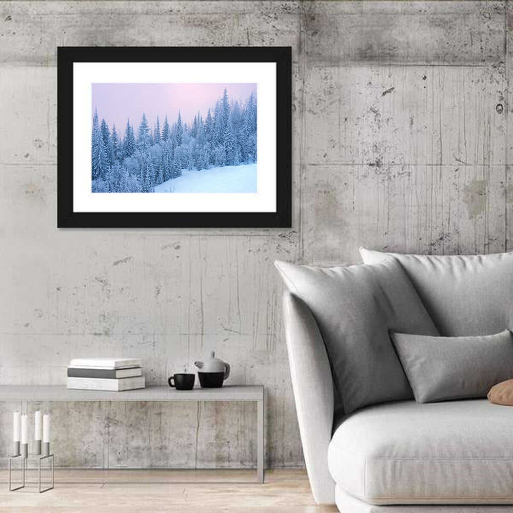 Snowy Winter Forest Wall Art in a room, landscape