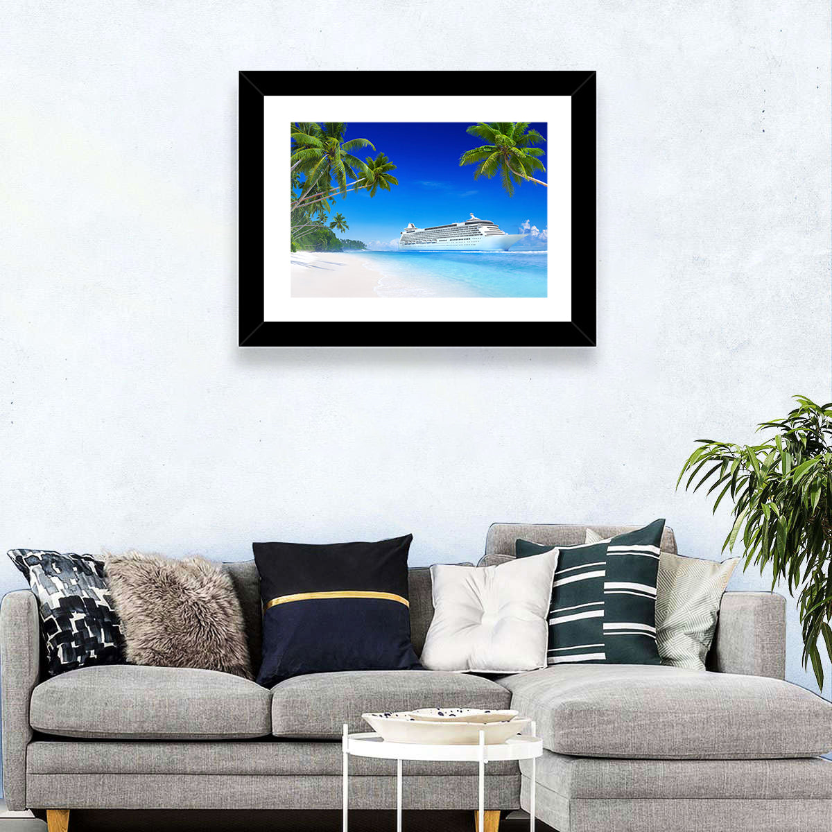 Tropical Beach Cruise Ship Shoreline Wall Art in a room, landscape