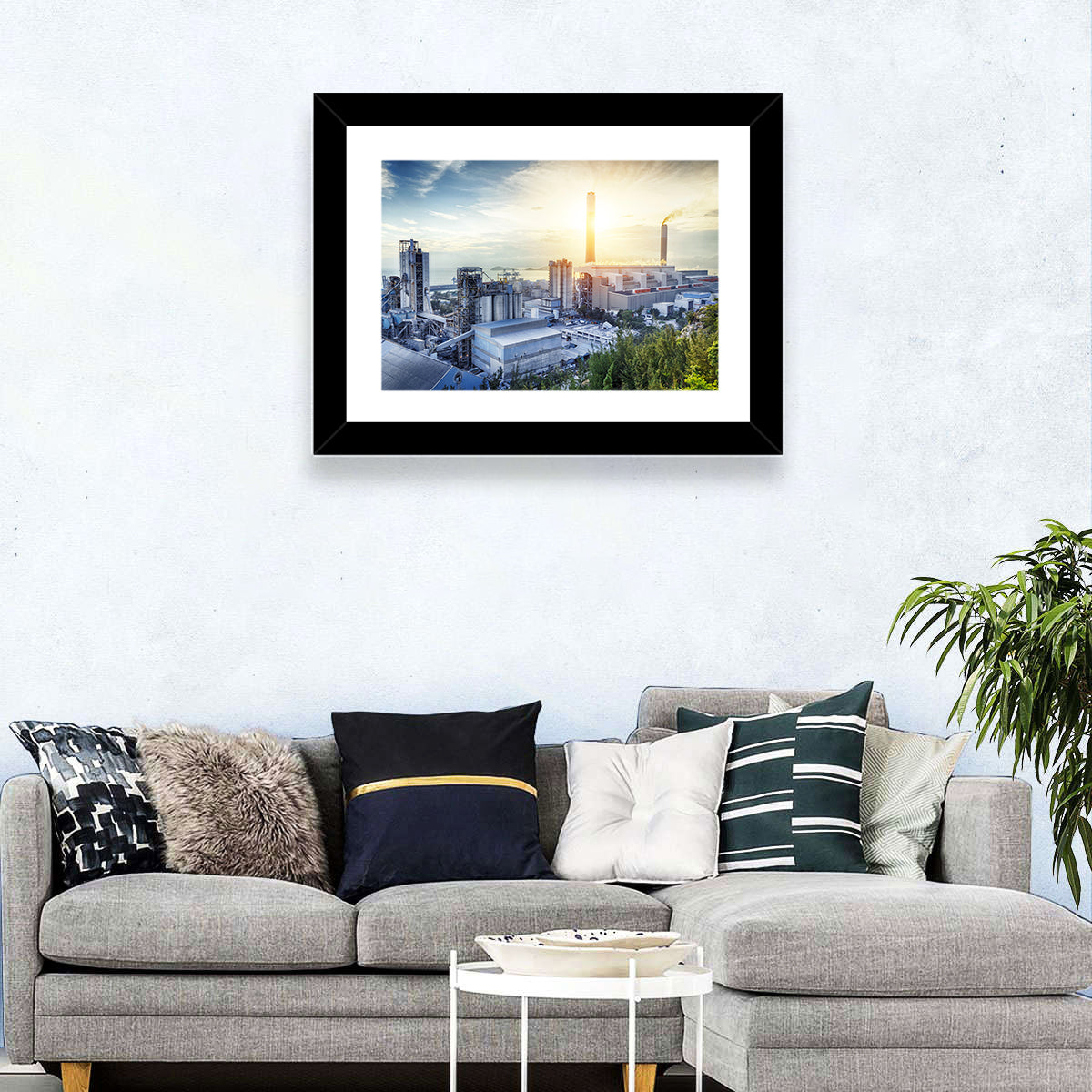 Coastal Power Plant at Sunrise Wall Art in a room, landscape