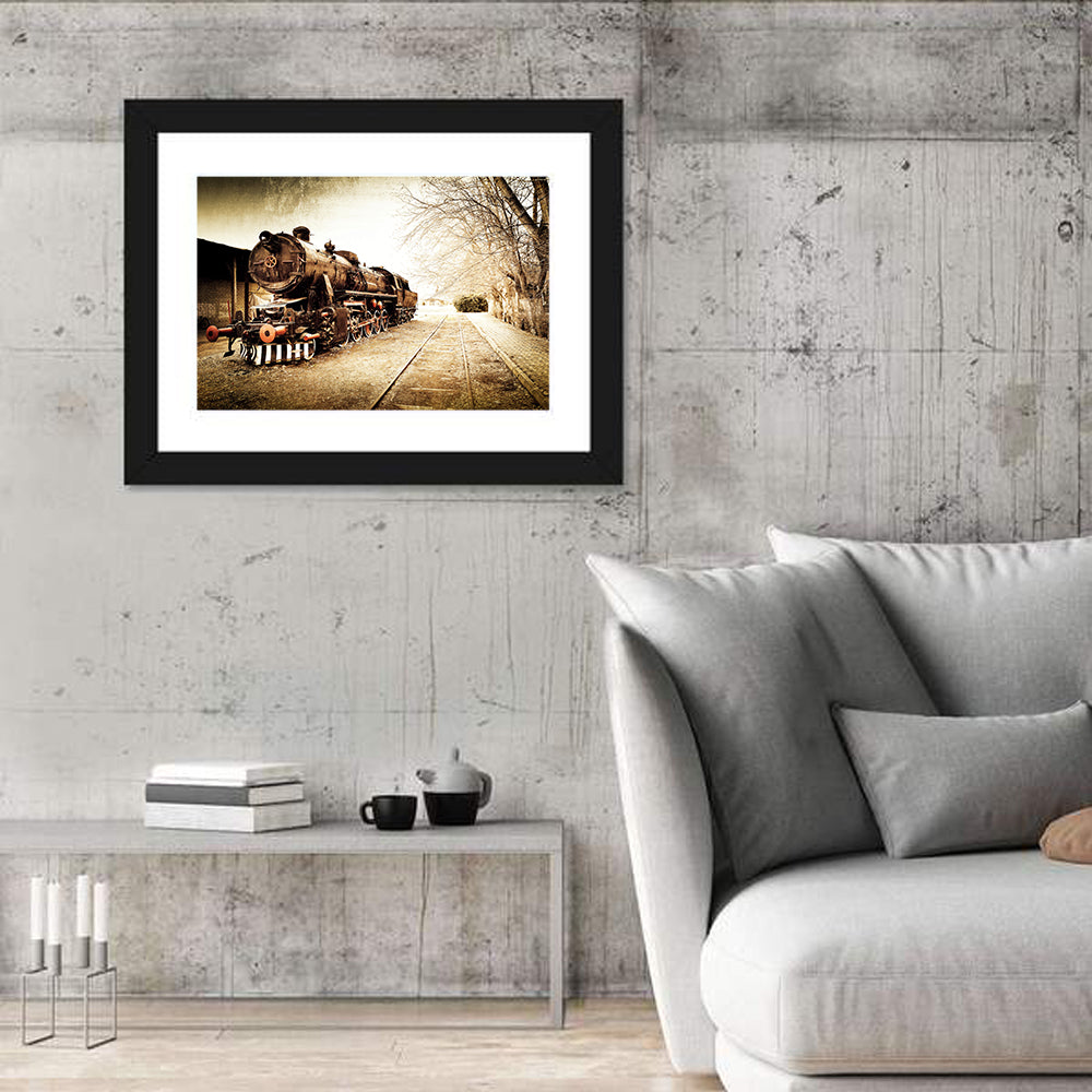 Sepia Steam Locomotive on Rusted Tracks Wall Art
