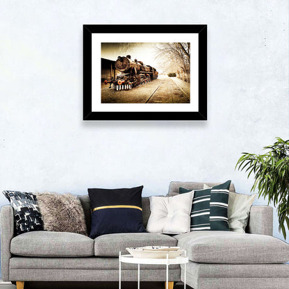 Sepia Steam Locomotive on Rusted Tracks Wall Art