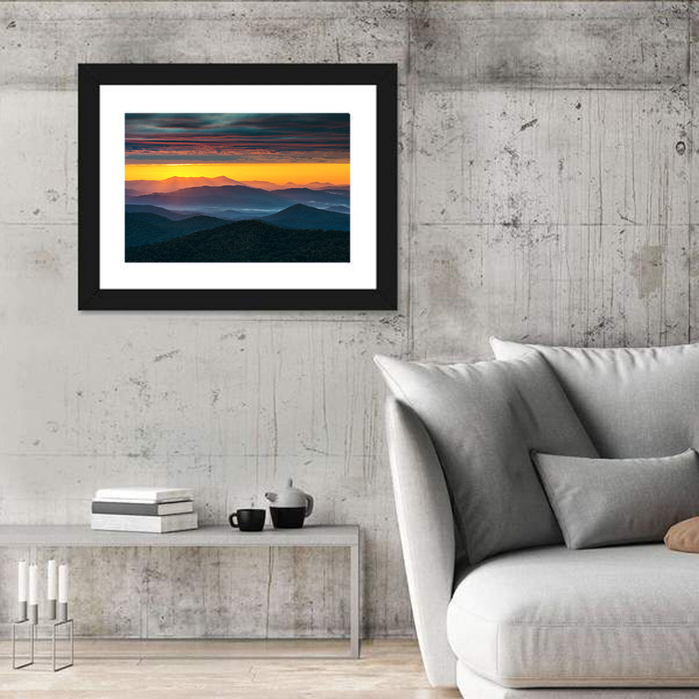 Misty Blue Ridge Sunrise North Carolina Wall Art in a room, landscape
