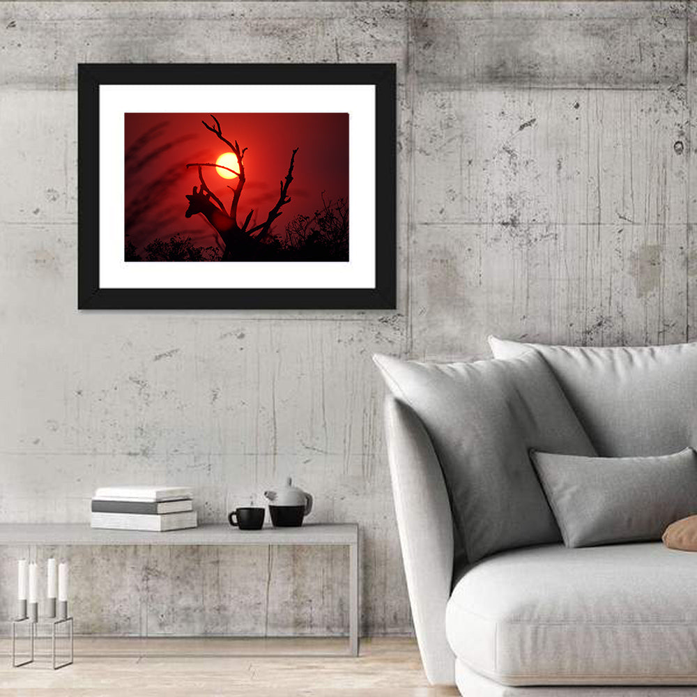 Giraffe Silhouette at Sunset Wall Art in a room, landscape