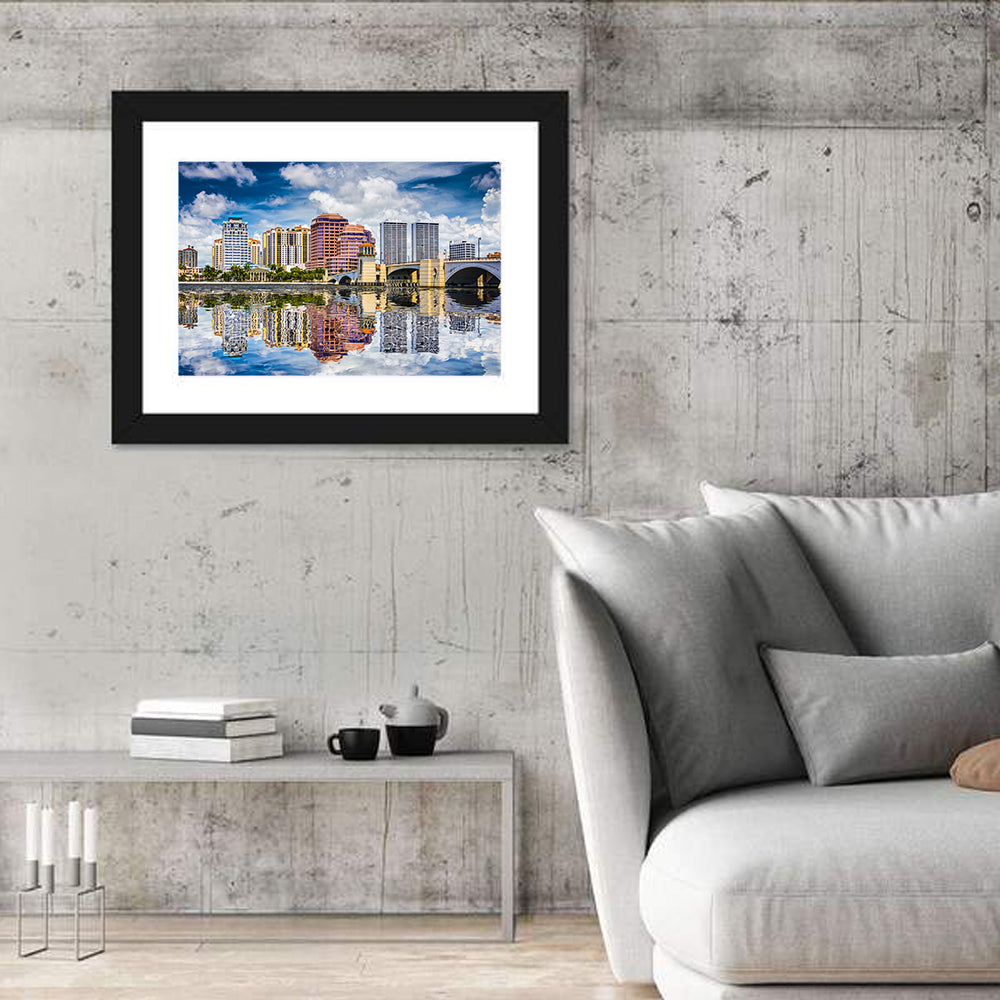 West Palm Beach Skyline Reflection Wall Art in a room, landscape