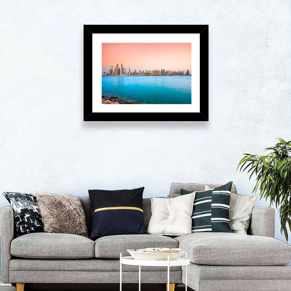Dubai Marina Skyline Wall Art in a room, landscape