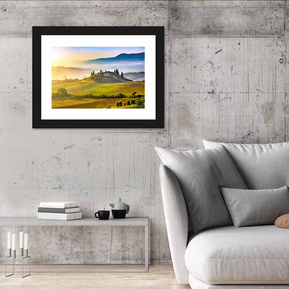Tuscan Morning Landscape Wall Art in a room, landscape