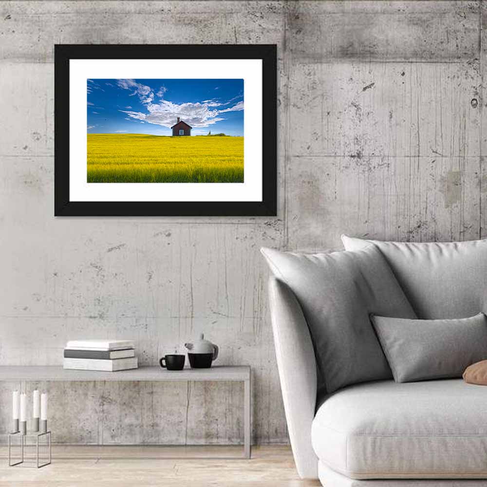 Red Barn in Golden Wheat Field Wall Art in a room, landscape