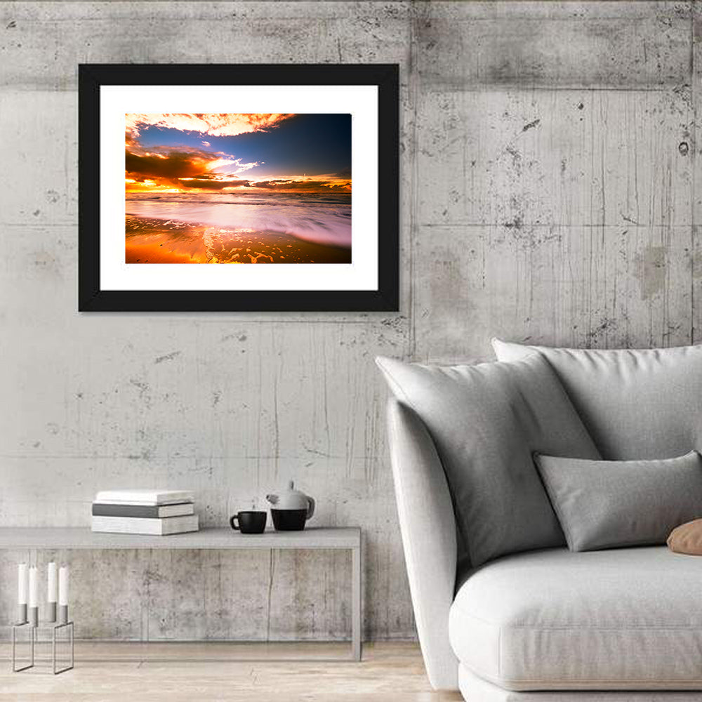 Golden Hour Beach Sunset Wall Art in a room, landscape