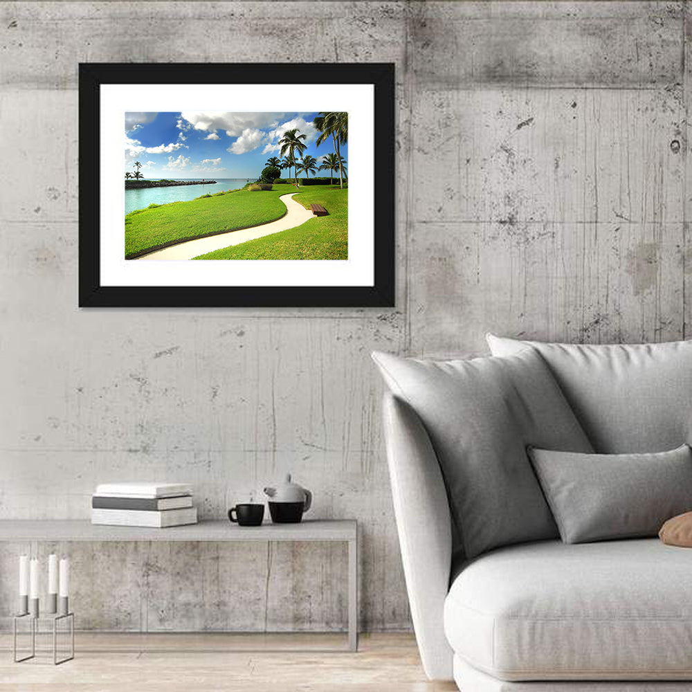 Tropical Coastal Pathway Wall Art in a room, landscape