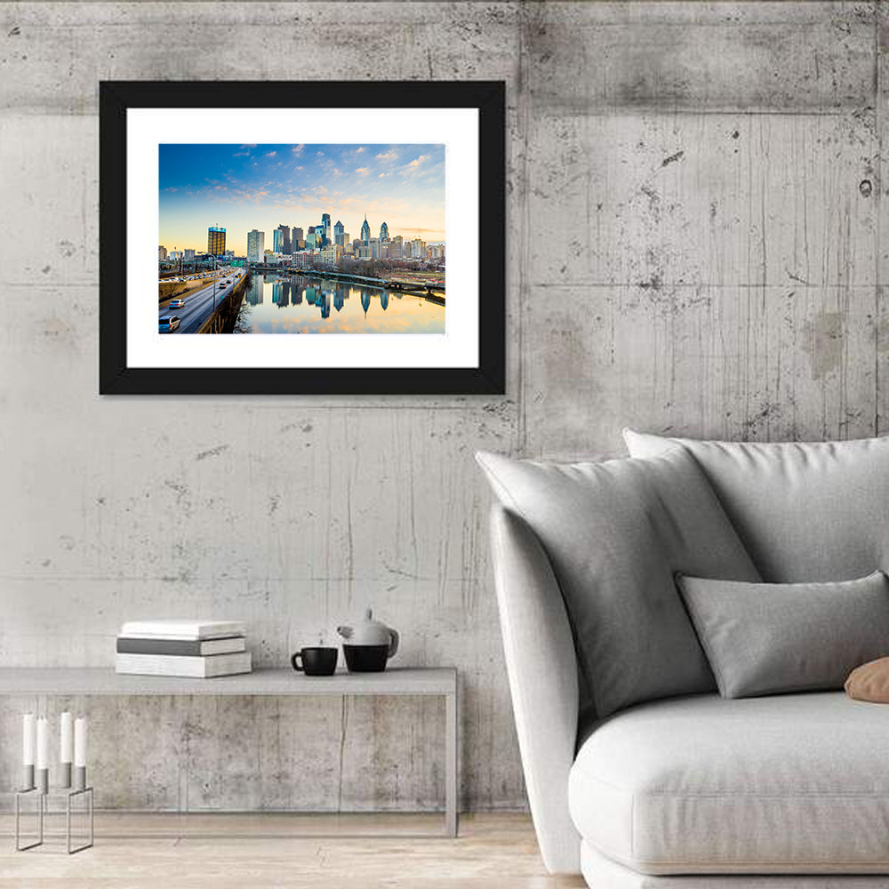 Philadelphia Skyline at Dusk Wall Art in a room, landscape