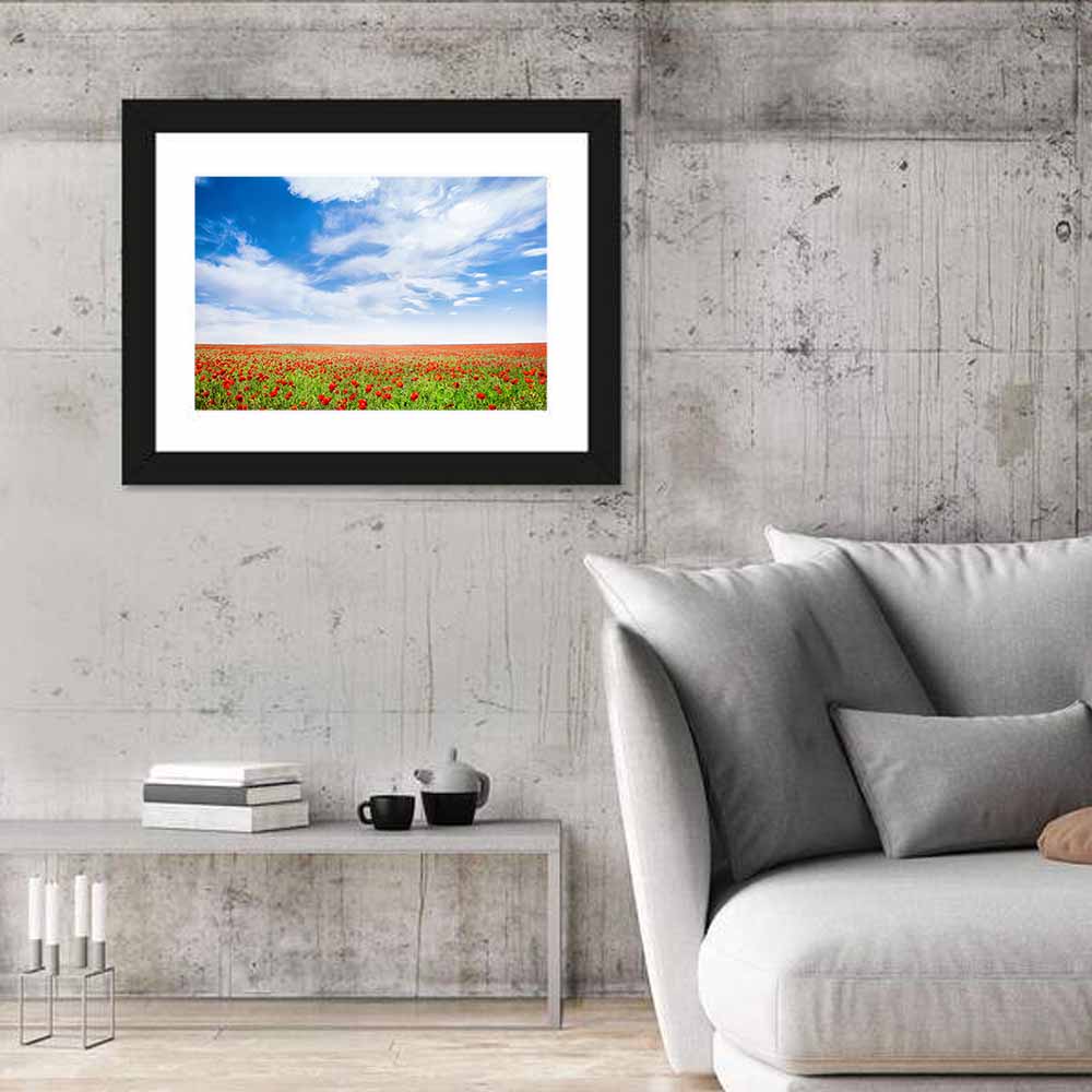 Red Poppy Field Wall Art in a room, landscape