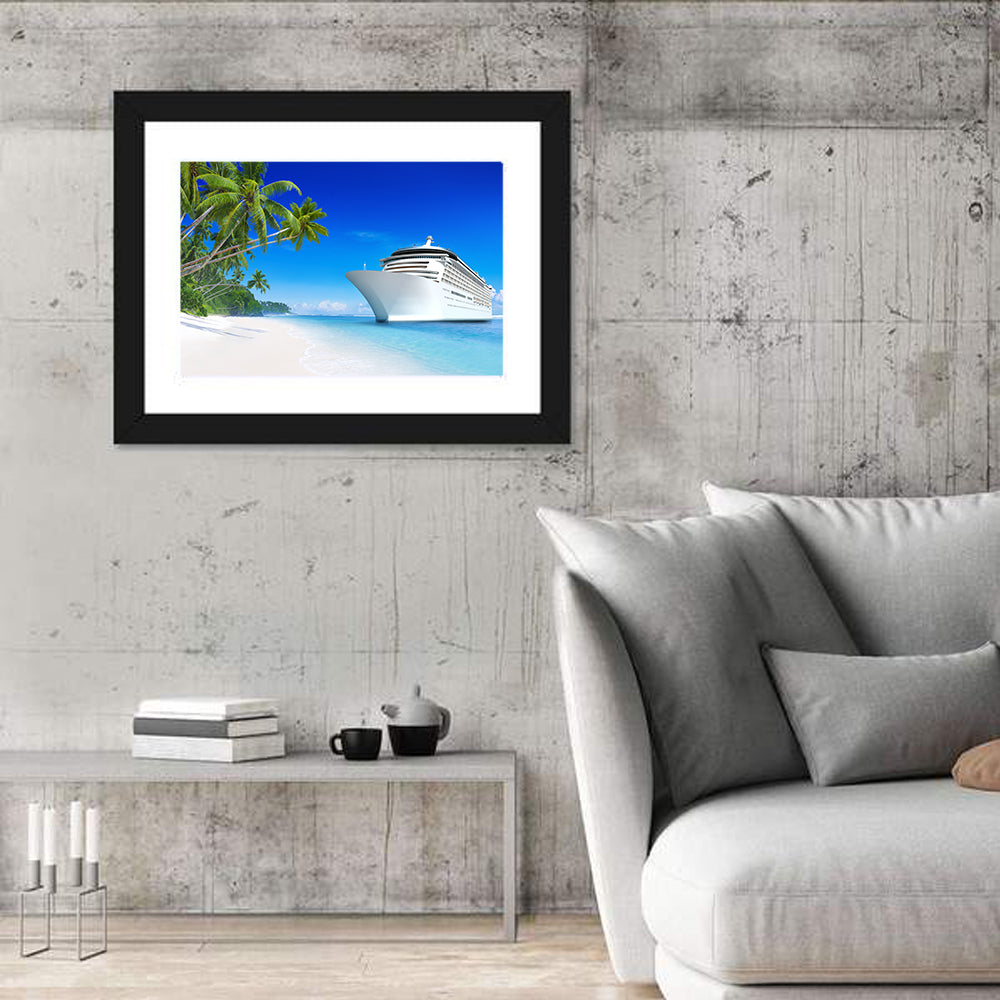 Cruise Ship Beside Tropical Beach Wall Art in a room, landscape