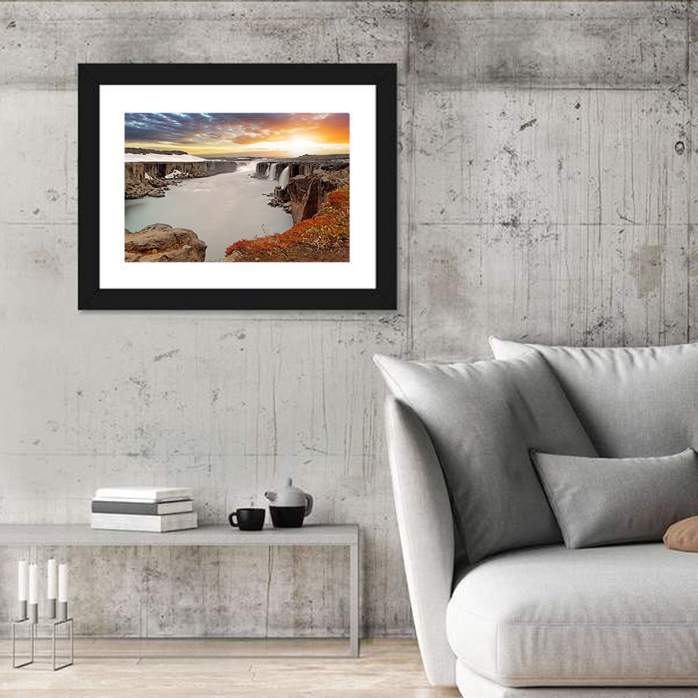 Selfoss Waterfall at Sunset Wall Art in a room, landscape