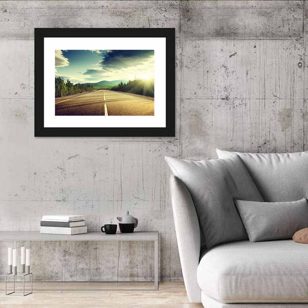 Sunlit Asphalt Road Wall Art in a room, landscape