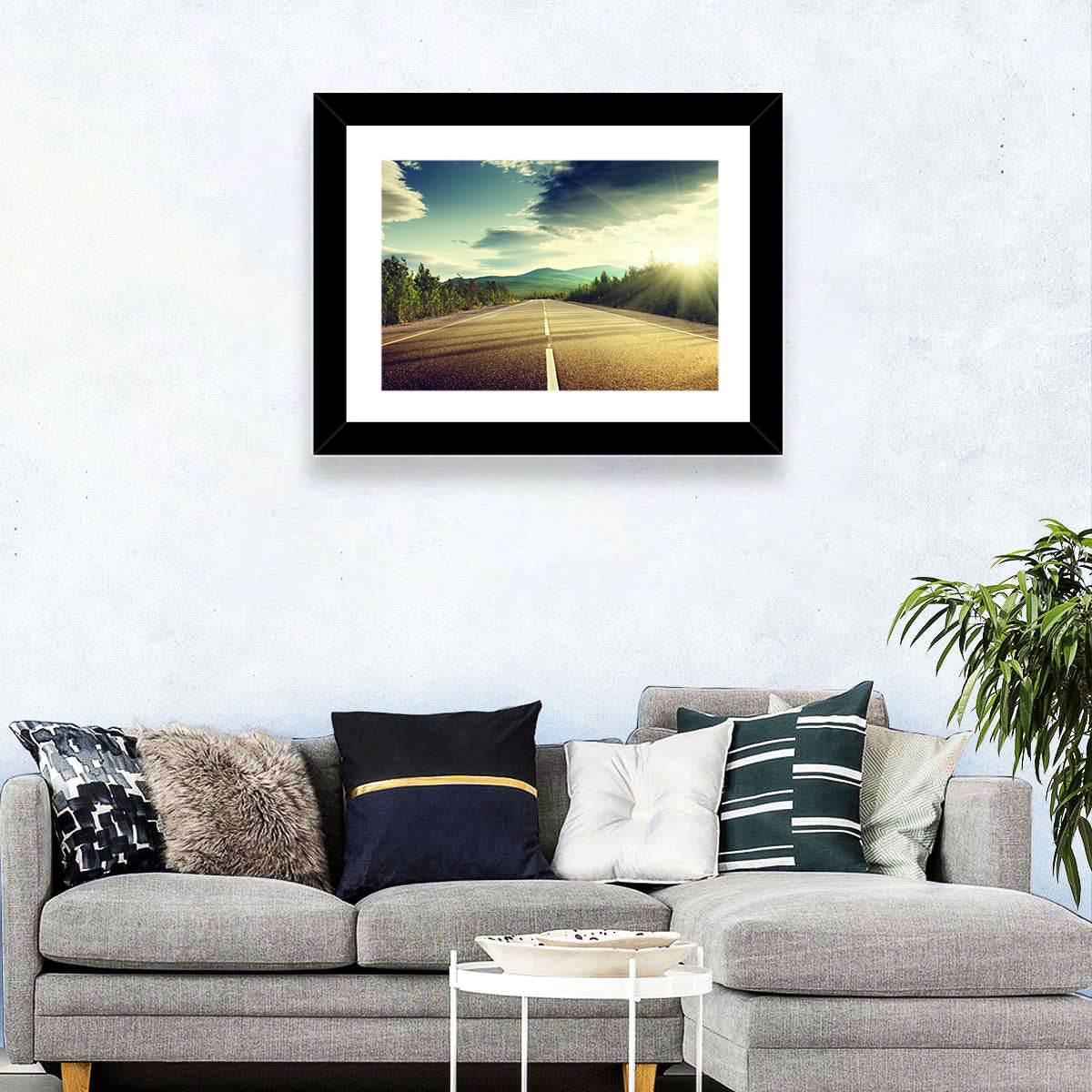 Sunlit Asphalt Road Wall Art in a room, landscape