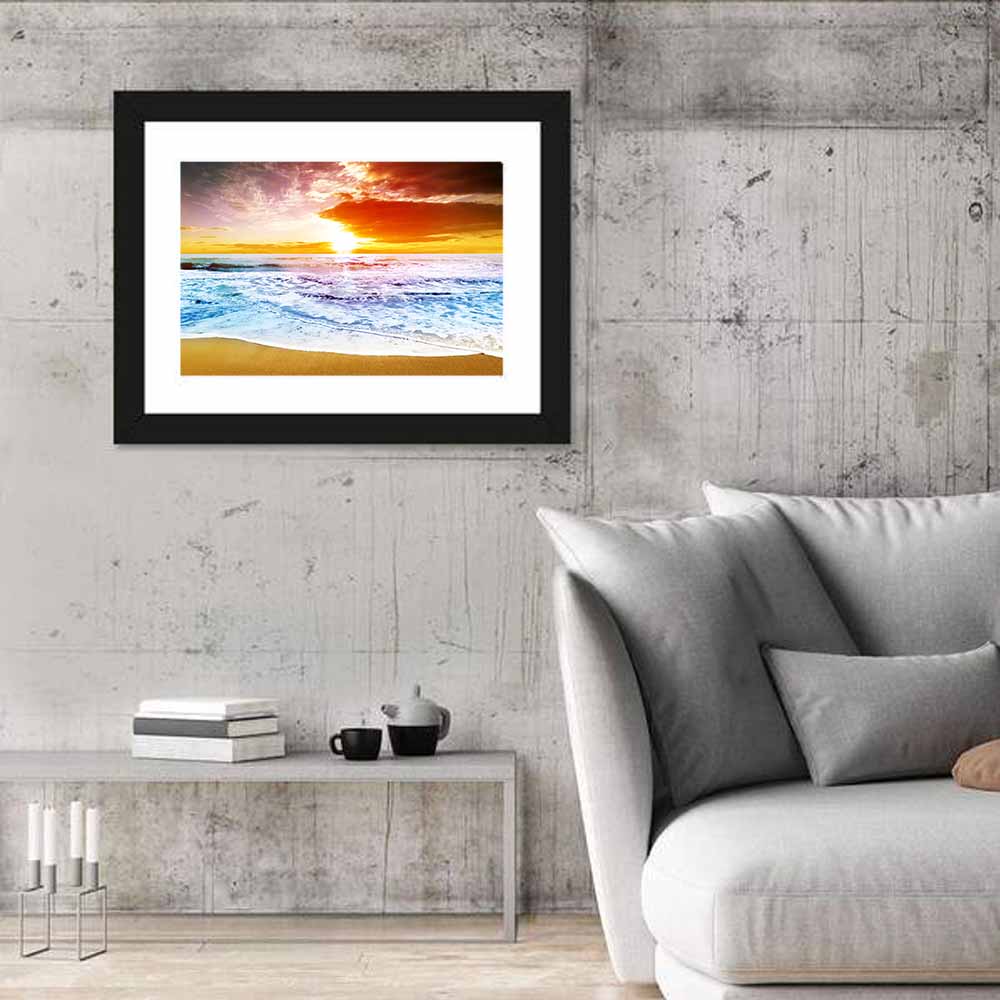 Golden Beach Sunset Wall Art in a room, landscape