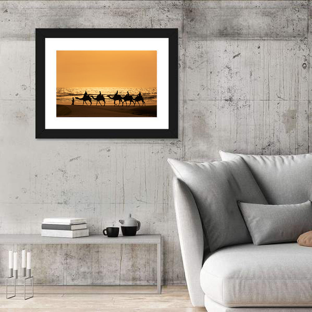 Camel Caravan Silhouette on Wet Sand Wall Art in a room, landscape