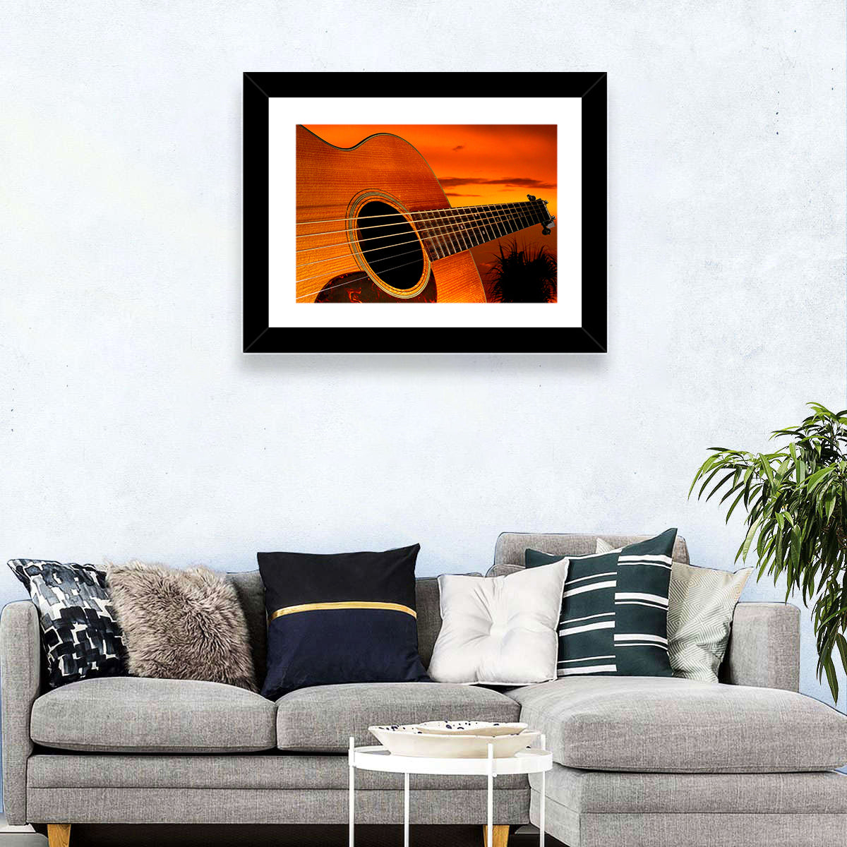 Sunset Acoustic Guitar Silhouette Wall Art