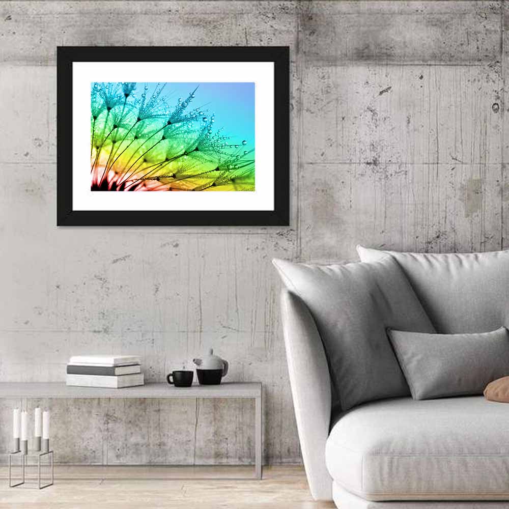 Dewy Dandelion Close-up Wall Art in a room, landscape
