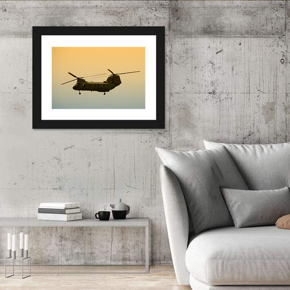 US Apache Helicopter Dawn Profile Wall Art in a room, landscape